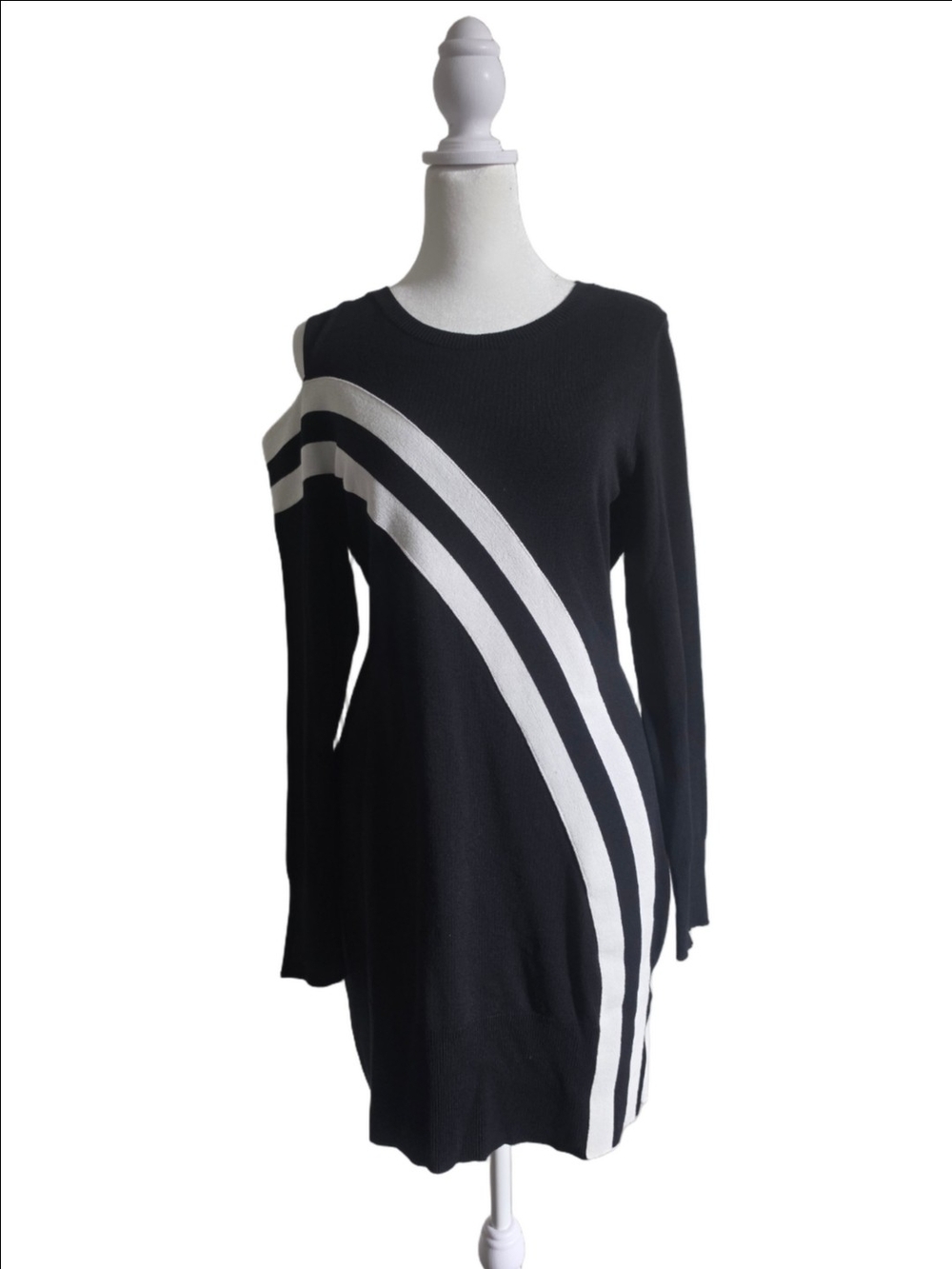 Bar III Black Asymmetrical Dress with White Diagonal Stripes Size M